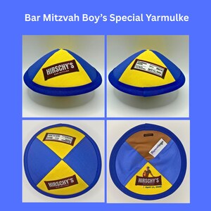 Pode incluir: Um solid&eacute;u azul e amarelo com o texto "HIRSCHY'S BAR MITZVAH" e uma etiqueta com a data "April 13, 2020". O solid&eacute;u &eacute; um tradicional chap&eacute;u judeu, com um design circular.