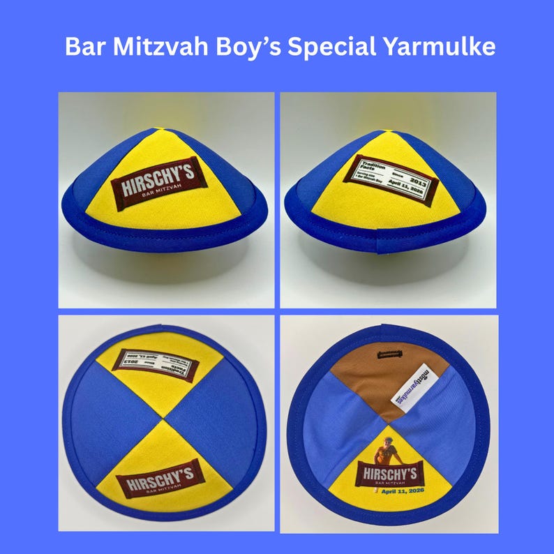 Pode incluir: Um solid&eacute;u azul e amarelo com o texto "HIRSCHY'S BAR MITZVAH" e uma etiqueta com a data "April 13, 2020". O solid&eacute;u &eacute; um tradicional chap&eacute;u judeu, com um design circular.