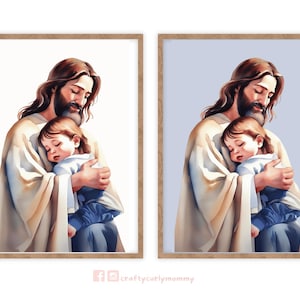 Menino abraçando Jesus, arte cristã moderna, menino de presente de batismo, presente de mãe esperando, presente de mãe pela primeira vez, presente de chá de bebê, arte de parede de Jesus