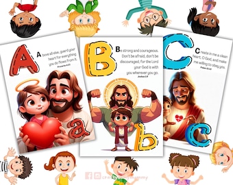 ABC Bible FlashCards Printable for Kids Memorization Bible Verses Alphabet Card Set Homeschooling Montessori Material Sunday School