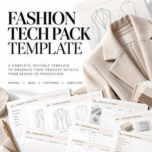 Modèle de dossier technique de mode modifiable | Vêtements, sacs, chaussures, bijoux (Canva)