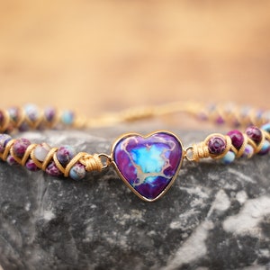 Handwoven Imperial Jasper Beaded Bracelet: Dainty Heart Charm