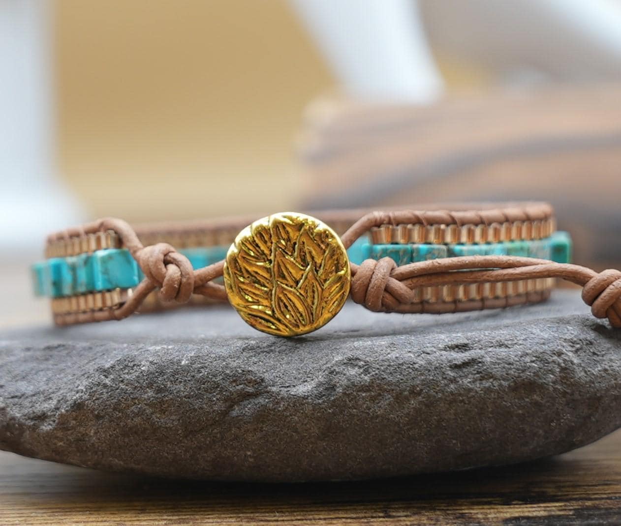 Jasper Square Bead Leather Wrap Bracelet: Bohemian Chain Cuff