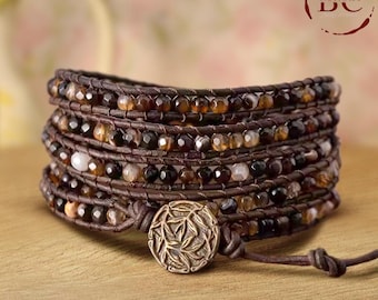 Exclusive bohemia coffee onyx agate 5 times leather beaded wrap bracelet for women and men Antique Bronze Plated
