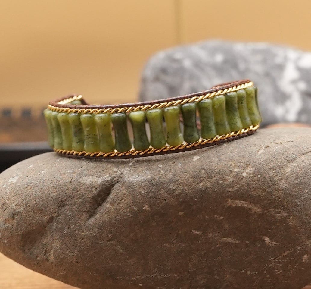 Handmade Olive Jade Stone Bracelet: Bohemian Leather Wrap Cuff