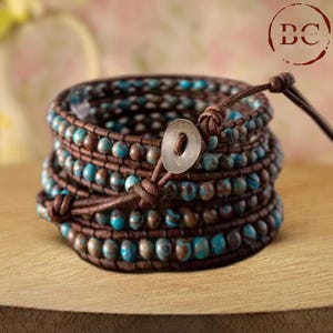 Pulsera de cuero con cinco liras de cuentas de piedra natural de jaspe otoñal vintage hecha a mano, regalo para mujer