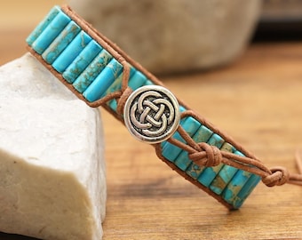 Boho Turquoise Tube Bead Leather Wrap Bracelet: Handmade Gemstone Jewelry