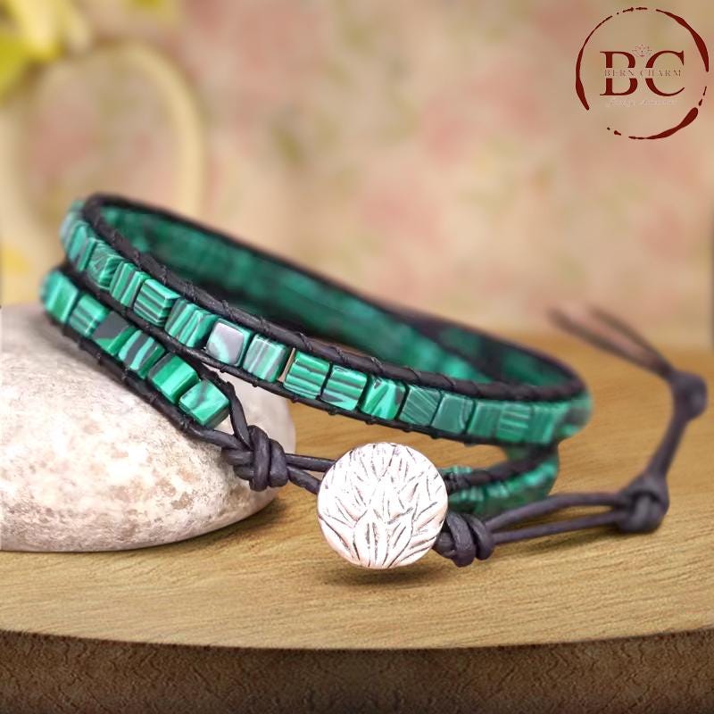 Boho Green Malachite Square Beads 2 Rows Leather Wrap Stone Bracelets Vintage Weaving Statement Bracelet for Women Holiday Gift