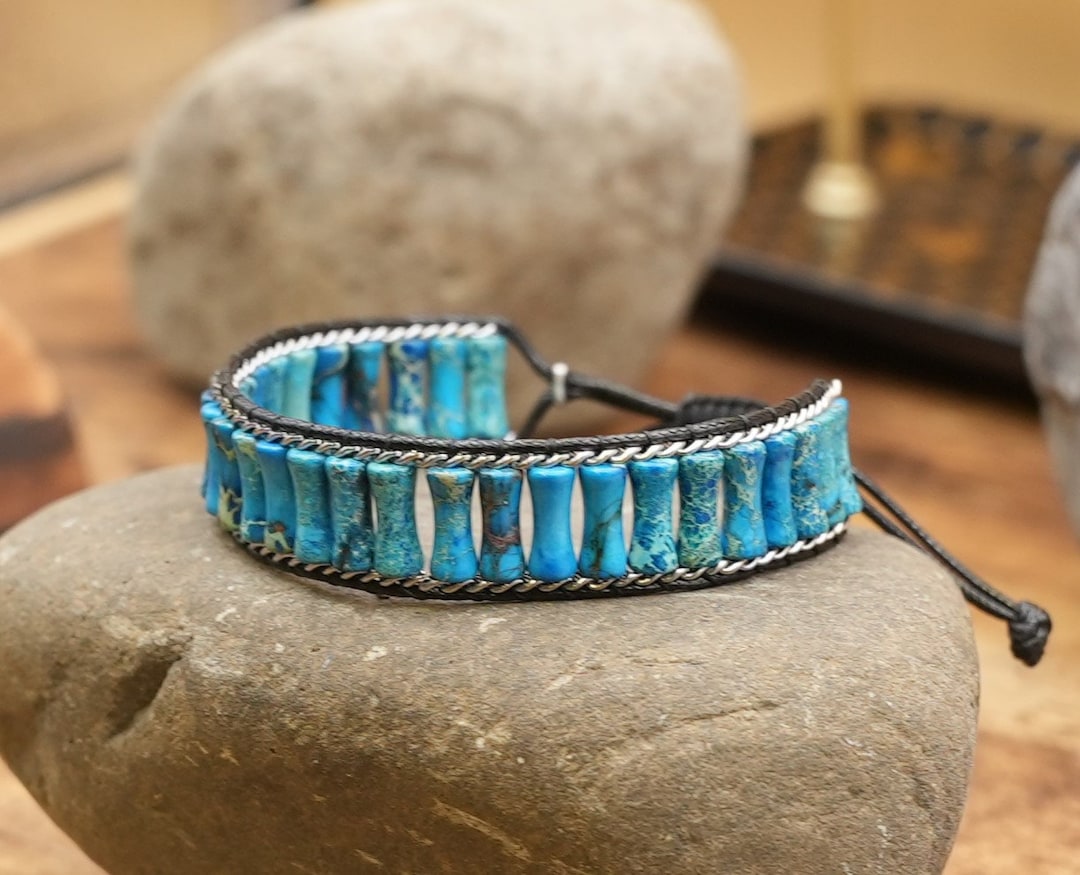 Handmade Lake Blue Jasper Stone Tube Bead Leather Bracelet - Etsy