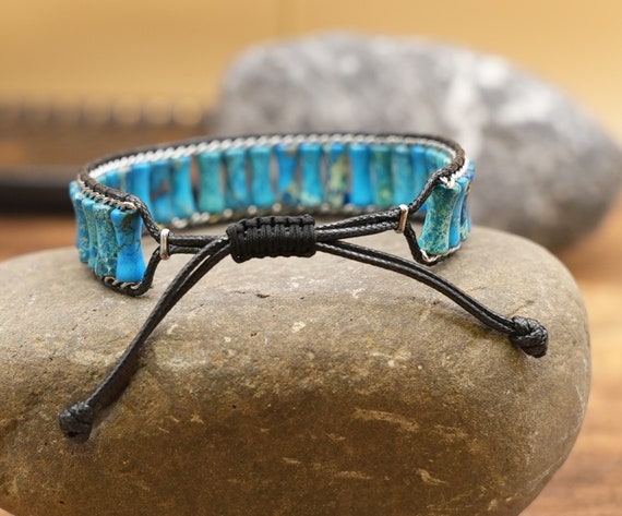 Handmade Lake Blue Jasper Stone Tube Bead Leather Bracelet - Etsy
