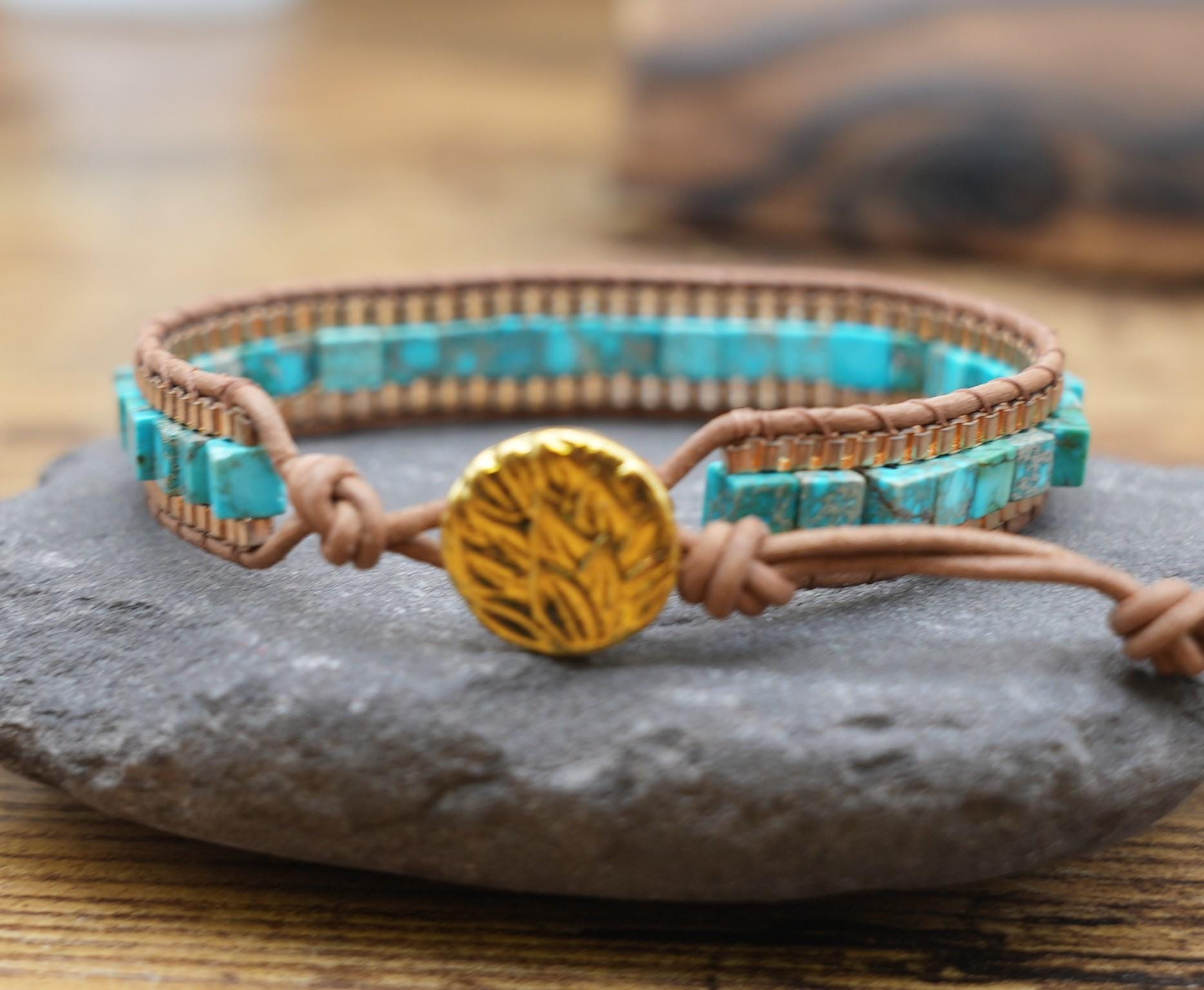 Jasper Square Bead Leather Wrap Bracelet: Bohemian Chain Cuff