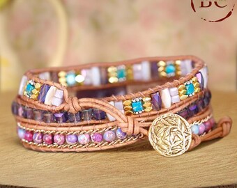 Handmade Amethyst Charm Bracelet: Multi Row Beaded Leather  display picture 3