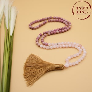 108 Mala Bead Necklace: Natural Stone Prayer Beads with Tassel
