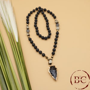 Lava Obsidian Mala Bead Necklace: Knotted Gemstone Healing Crystal Pendant