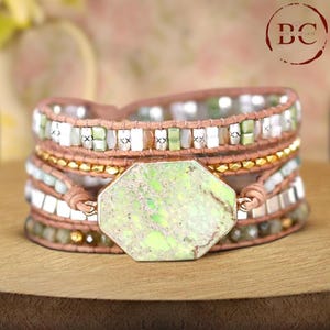 Bohemian Green Crystal & Natural Stone Leather Wrap Bracelet