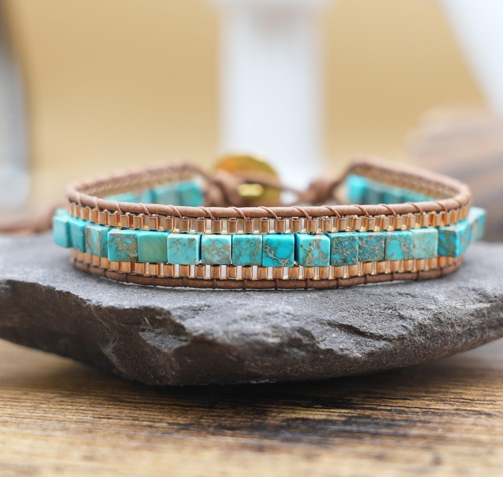 Jasper Square Bead Leather Wrap Bracelet: Bohemian Chain Cuff