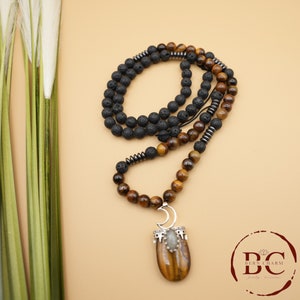 Tiger Eye Mala Bead Necklace: Lava Rock, Healing Crystal, Yoga Bracelet