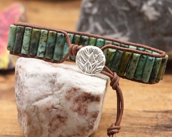 Boho Turquoise Tube Bead Bracelet: Handmade Leather Wrap Cuff