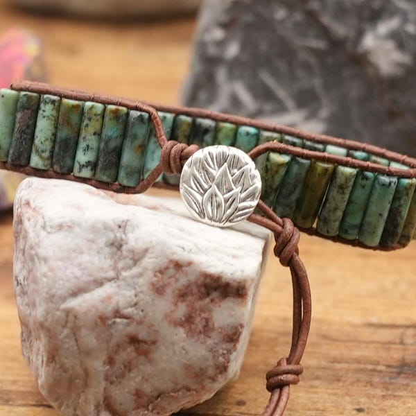 White Turquoise Beaded Bracelet w/ Leather Tassel