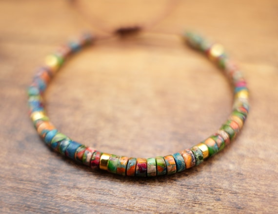 Handwoven Imperial Jasper Beaded Bracelet: Adjustable Gemstone Meditation Jewelry