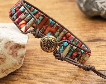 Vintage Imperial Jasper Stone Bracelet: Leather Wrap Bohemia Jewelry