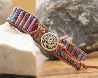 High End Tube Shape Beads Imperial Jasper One Layer Leather Wrap Bracelets Vintage Weaving Cuff Bracelet Jewelry
