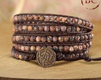 Leopard skin Jasper bead Natural stone bead warp bracelet for Woman Handmade Natural Leather Wrap Bracelet Holiday Gift