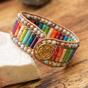 Handgefertigtes Jaspis Bead Leder Wickelarmband: Boho Cuff Schmuck