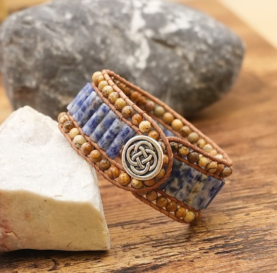 Handmade Leather Wrap Bracelet: Jasper Stone Boho Cuff
