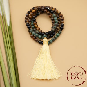 108 Mala Bead Necklace: Natural Stone Prayer Beads, Yellow Tassel