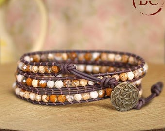 Natuursteen 3 Rijen Armband 4 mm Foto Jaspis Kralen Lederen Wikkelarmband Vrouwen Armbanden Vintage Sieraden Vakantiecadeau Bijoux Femme