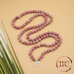 Rhodochrosite Mala Bead Necklace: Lotus Charm, Yoga Meditation