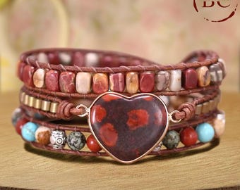 Boho Bordeaux Natuurlijke Jaspis Kralen Lederen Wrap Armbanden Tibetaanse Polsband Armbanden Meisje Vrouwen Sieraden Bijoux Vakantiecadeau