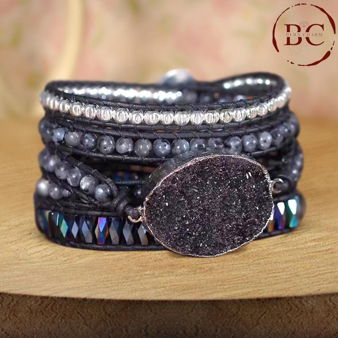 Bohemian Handmade Natural Stones Leather Wrap 5 Layer Bracelet