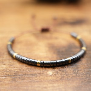 Dainty Hematite Beaded Bracelet: Handwoven Adjustable Stone Jewelry