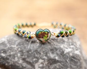 Dainty Stone Bracelet for Women Jewelry, Natural Green Sea Sediment Jasper, Double-layer Braided Handwoven Charm Beaded Bracelet