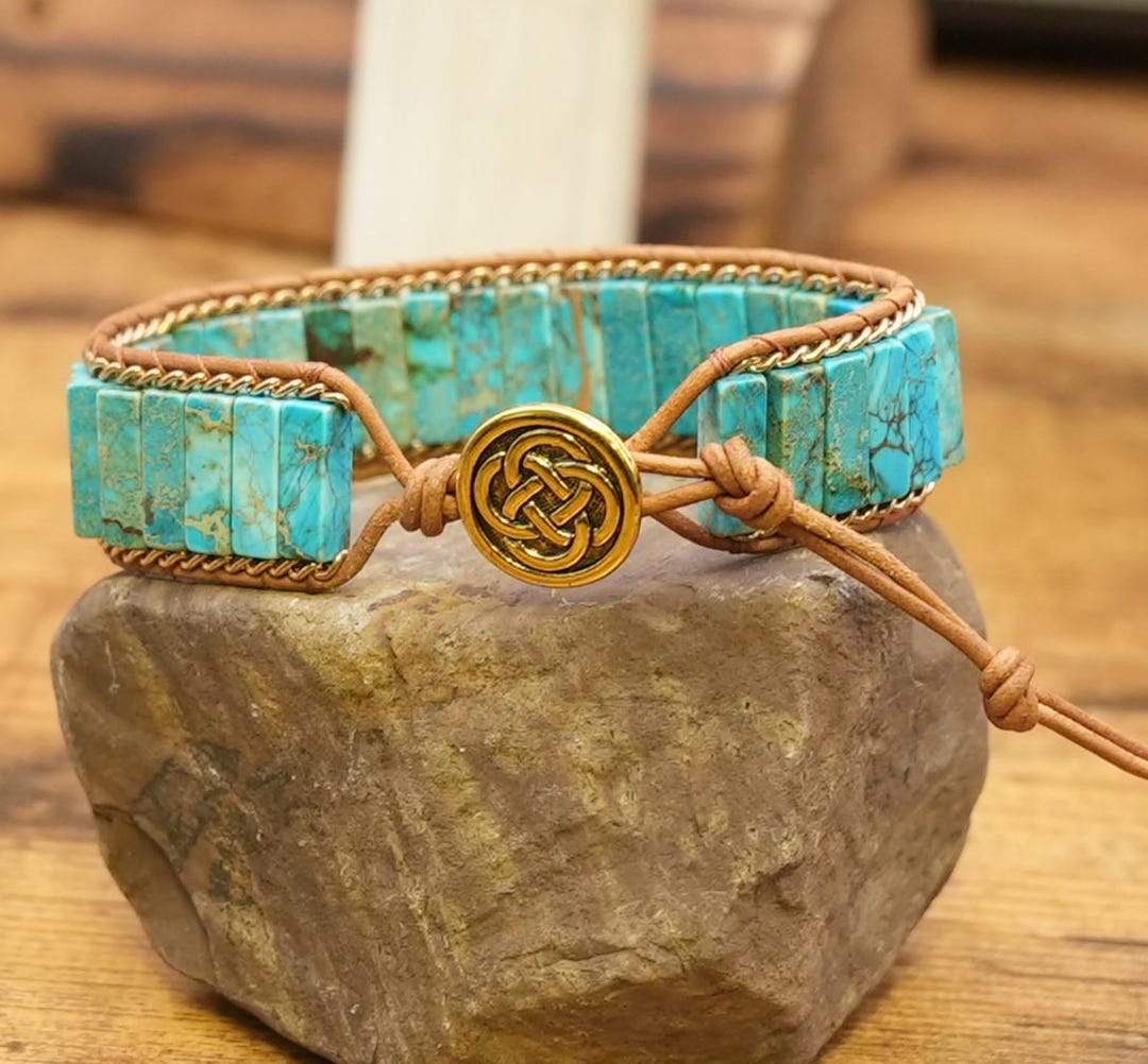 Turquoise Jasper Leather Wrap Bracelet: Bohemian Cuff Jewelry - Etsy