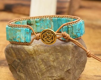 BernCharm  Turquoise Jasper  Leather Wrap Bracelet Jewelry Natural Stone Tube Bead Cuff Bracelet Unique Bohemian Bracelets Gift for Women