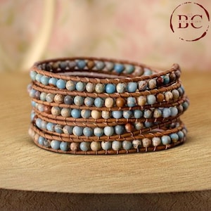 Denim Blue Sea Sediment Jasper Bracelet: Boho Wrap Bracelet