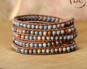 Denim Blue Sea Sediment Jasper Bracelet: Boho Wrap Bracelet