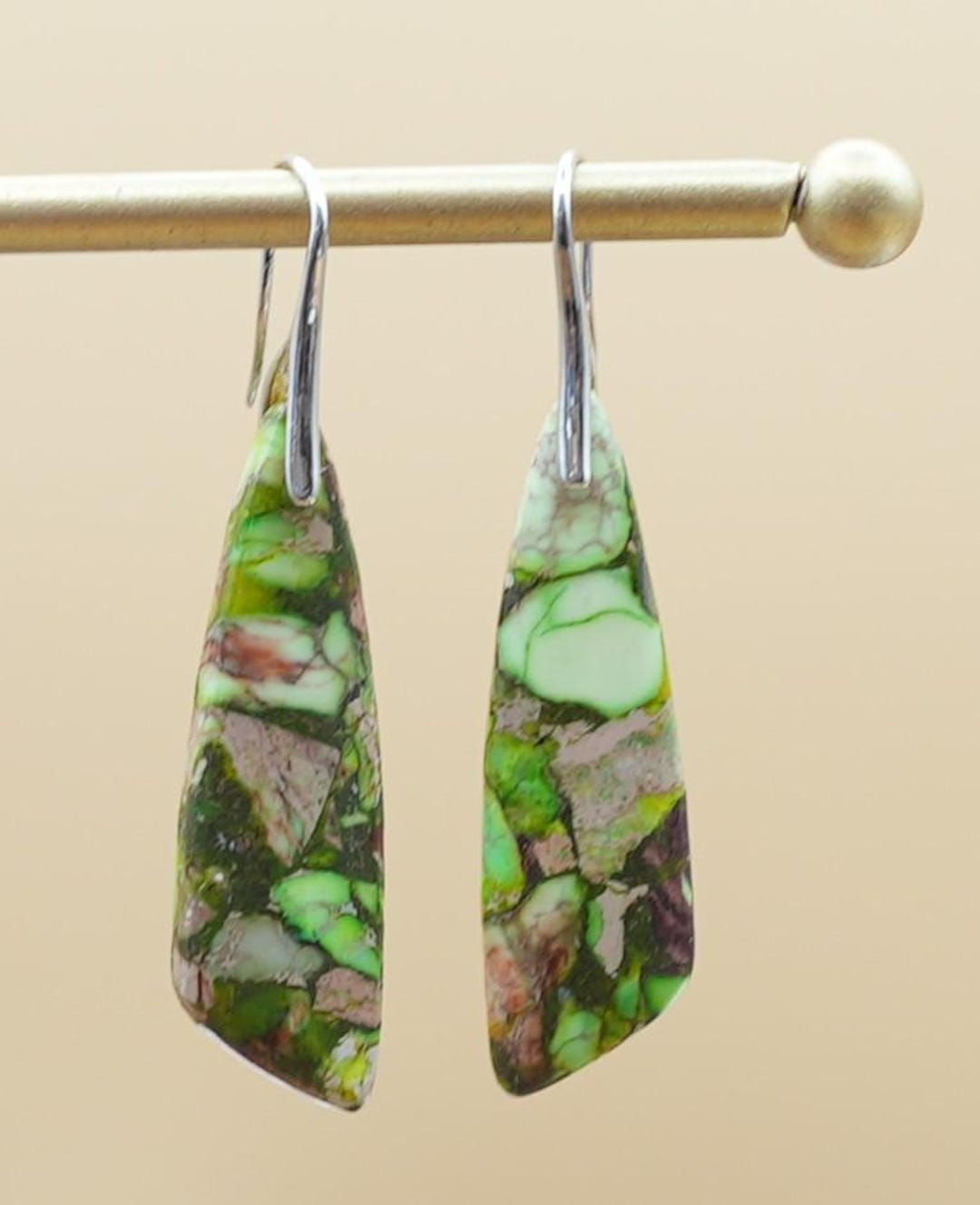 Sterling Silver Picture Jasper Gemstone Open Teardrop Dangle Earrings