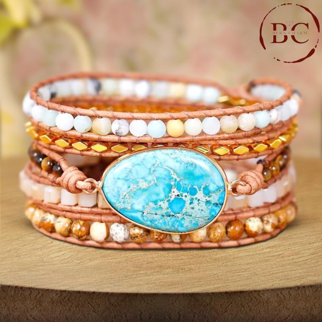 アクセサリー Archive Handmade Leather Stone Bracelet Bohemian Handmade Natural Stone Beaded Leather Wrap Bracelet