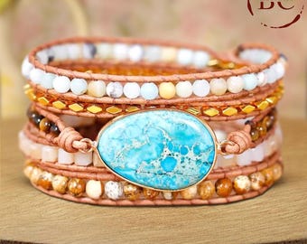 Bracciale avvolgente in pelle Boho: perline di diaspro, turchese e oro - Italia