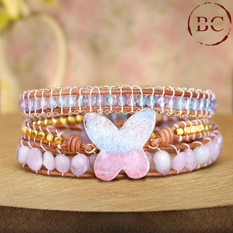 Boho Beaded Leather Wrap Bracelet: Multi-color Butterfly 
