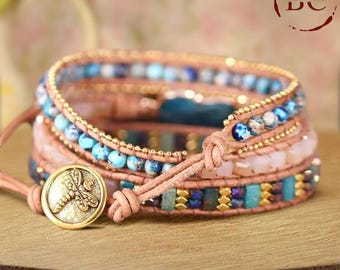 Handgemaakte leren wikkelarmband apatiet: boho-kralen sieraden