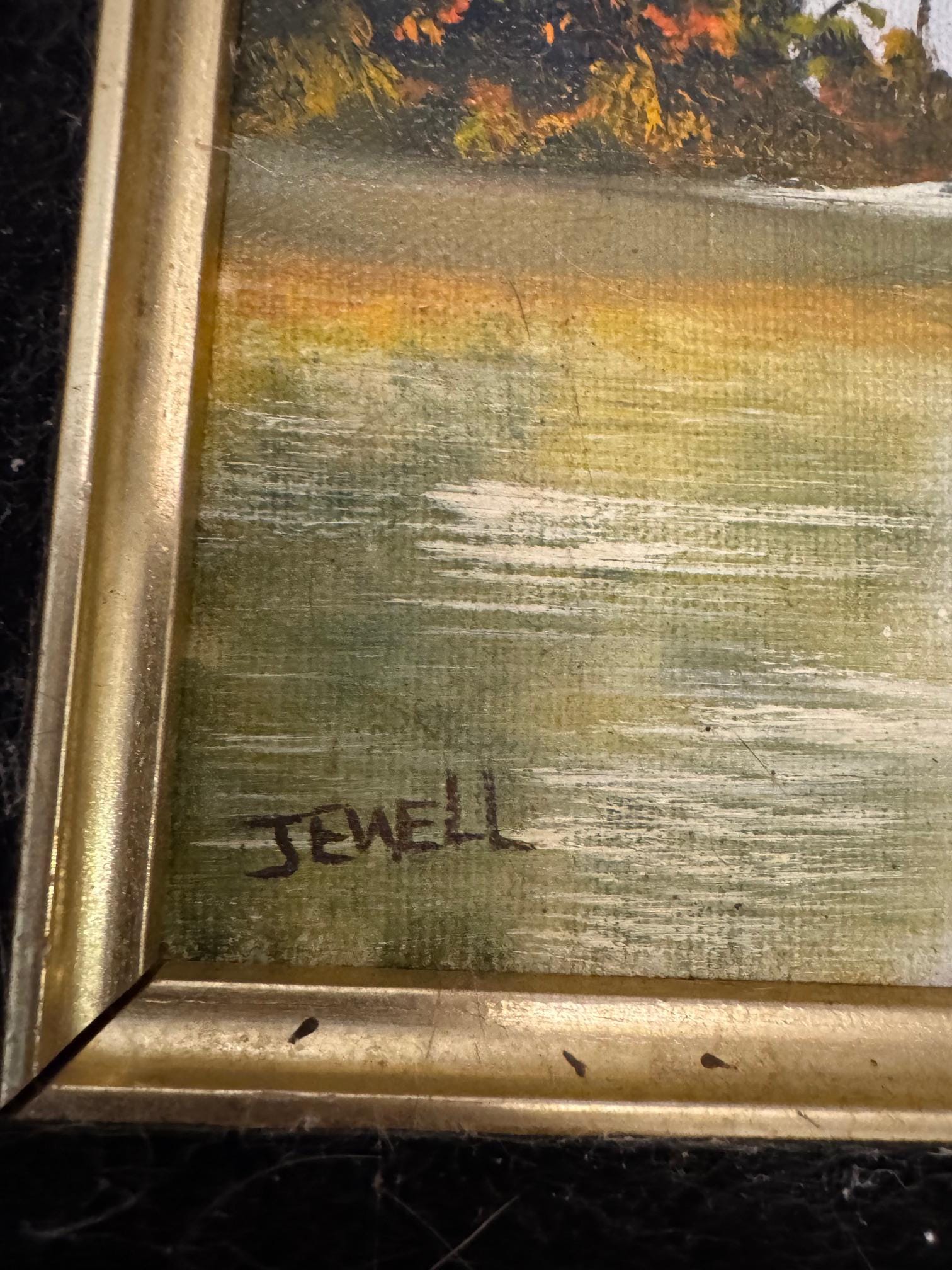 ジュエル作、ヴィンテージマウンテンレイク油絵、華やかなゴールド