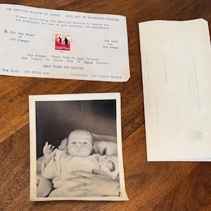Lote de efímeras de la década de 1940: Tarjeta con sellos contra la lepra, foto de bebé, carta de Appleton-Century-Crofts al profesor Havens de la OSU.