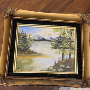 Vintage Signed Oil Painting on Canvas by Jewell – Rustic Mountain Lake Scene in Ornate Gold Frame – Cabin Lodge Wall Art