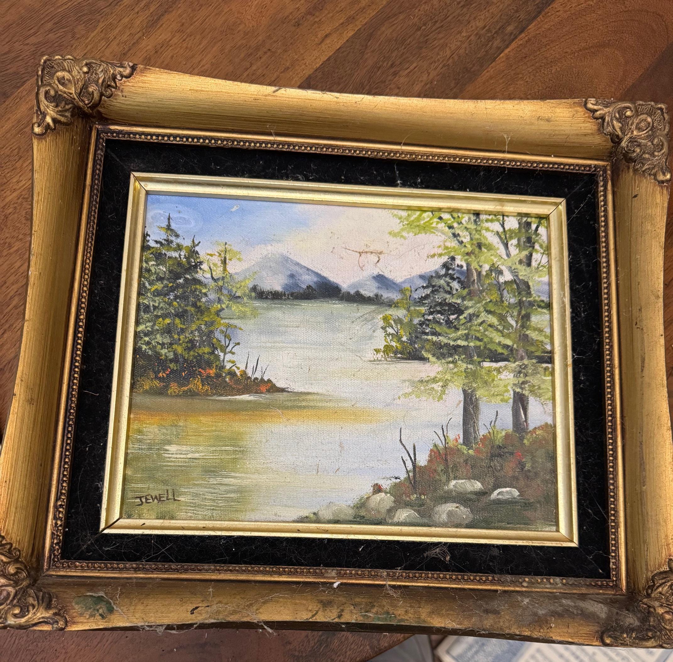 風景画 油彩 金色フレーム ジュエル作、ヴィンテージマウンテンレイク油絵、華やかな