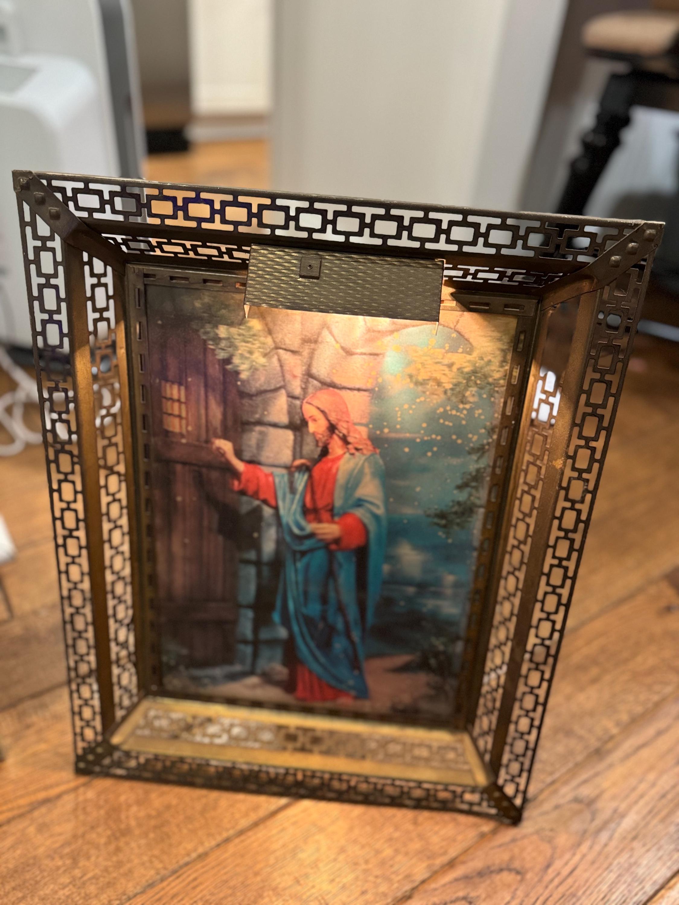 Vintage Lenticular Jesus Wall Hanging - Brass Filigree Frame, 3D Art ...